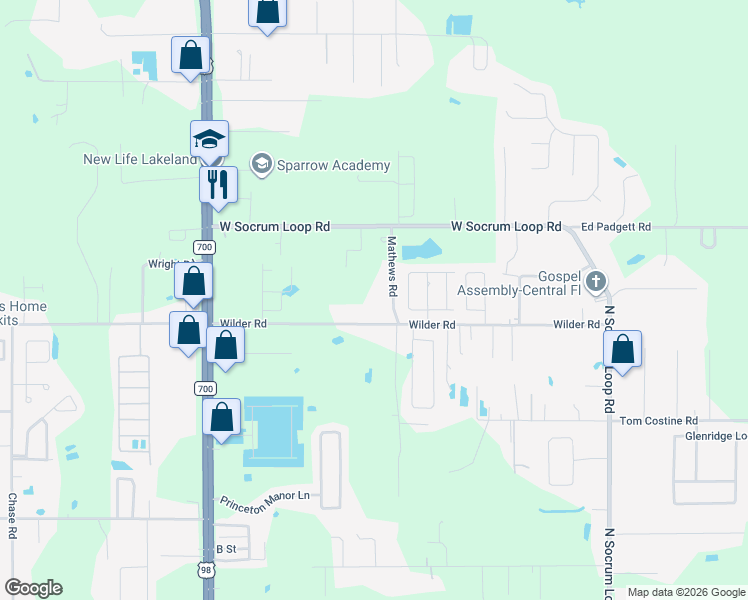 map of restaurants, bars, coffee shops, grocery stores, and more near 615 Wilder Road in Lakeland