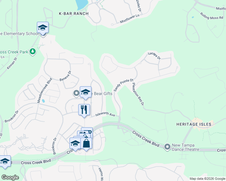 map of restaurants, bars, coffee shops, grocery stores, and more near 18141 Sandy Pointe Drive in Tampa