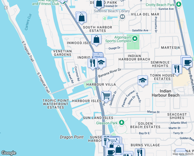 map of restaurants, bars, coffee shops, grocery stores, and more near 1901 South Patrick Drive in Indian Harbour Beach