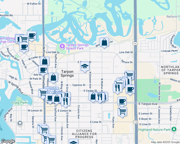 map of restaurants, bars, coffee shops, grocery stores, and more near 525 North Disston Avenue in Tarpon Springs