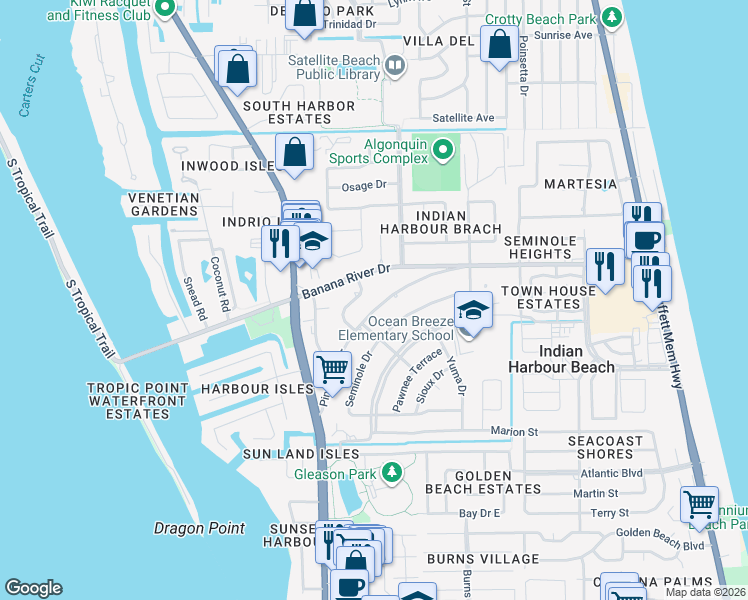 map of restaurants, bars, coffee shops, grocery stores, and more near 1131 Pine Tree Drive in Satellite Beach