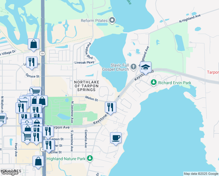 map of restaurants, bars, coffee shops, grocery stores, and more near 536 Spring Lake Circle in Tarpon Springs