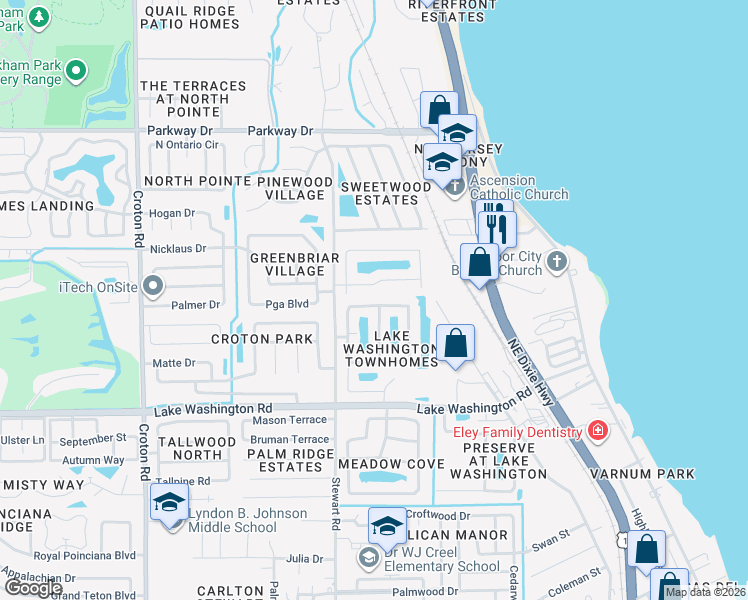 map of restaurants, bars, coffee shops, grocery stores, and more near 2805 Reston Street in Melbourne