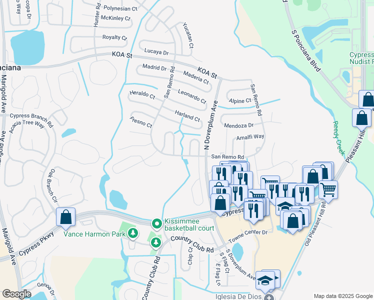 map of restaurants, bars, coffee shops, grocery stores, and more near 104 Alcala Drive in Kissimmee