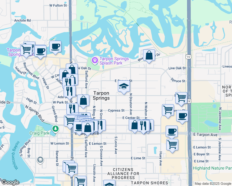 map of restaurants, bars, coffee shops, grocery stores, and more near North Levis Avenue in Tarpon Springs