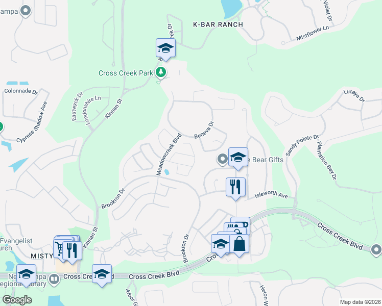 map of restaurants, bars, coffee shops, grocery stores, and more near 10420 Goldenbrook Way in Tampa
