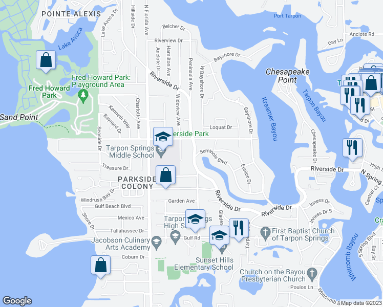 map of restaurants, bars, coffee shops, grocery stores, and more near 821 Riverside Drive in Tarpon Springs