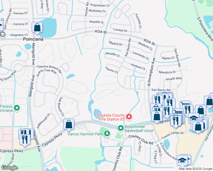map of restaurants, bars, coffee shops, grocery stores, and more near 666 Regency Way in Poinciana
