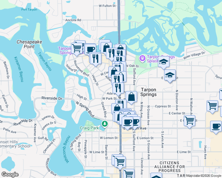 map of restaurants, bars, coffee shops, grocery stores, and more near 540 Grand Boulevard in Tarpon Springs