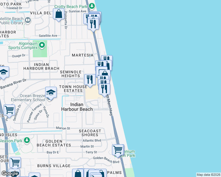 map of restaurants, bars, coffee shops, grocery stores, and more near 1945 Florida A1A in Indian Harbour Beach
