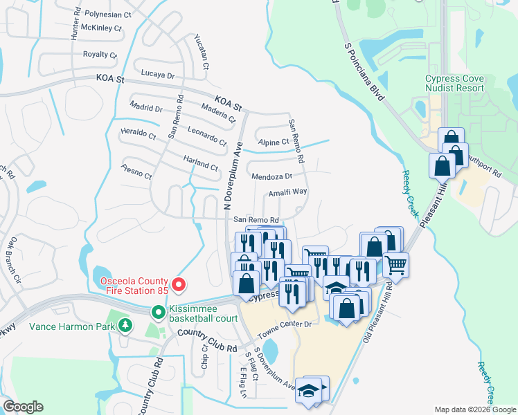 map of restaurants, bars, coffee shops, grocery stores, and more near 6 Amalfi Way in Kissimmee