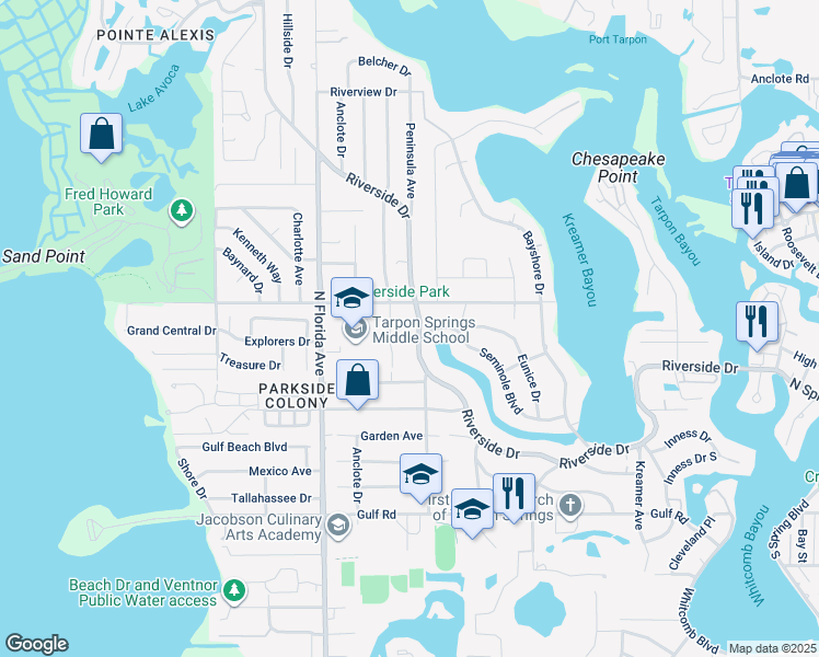 map of restaurants, bars, coffee shops, grocery stores, and more near 814 Riverside Drive in Tarpon Springs