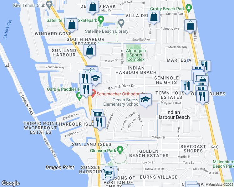 map of restaurants, bars, coffee shops, grocery stores, and more near 1211 Banana River Drive in Satellite Beach