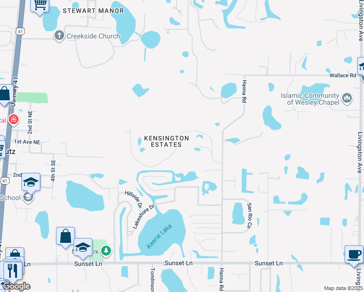 map of restaurants, bars, coffee shops, grocery stores, and more near 1439 Kensington Woods Drive in Lutz