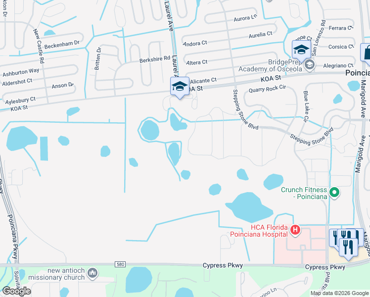 map of restaurants, bars, coffee shops, grocery stores, and more near Unnamed Road in Poinciana
