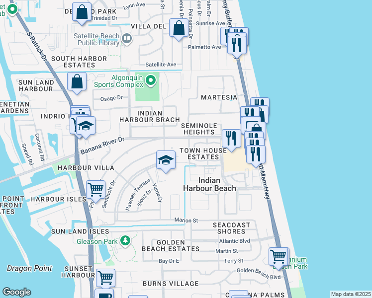 map of restaurants, bars, coffee shops, grocery stores, and more near 308 School Road in Satellite Beach