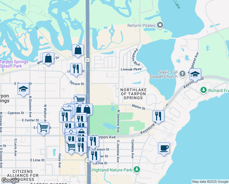map of restaurants, bars, coffee shops, grocery stores, and more near 631 North Jasmine Avenue in Tarpon Springs