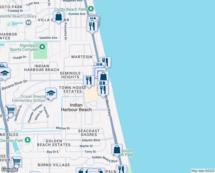 map of restaurants, bars, coffee shops, grocery stores, and more near 1919 Florida A1A in Indian Harbour Beach