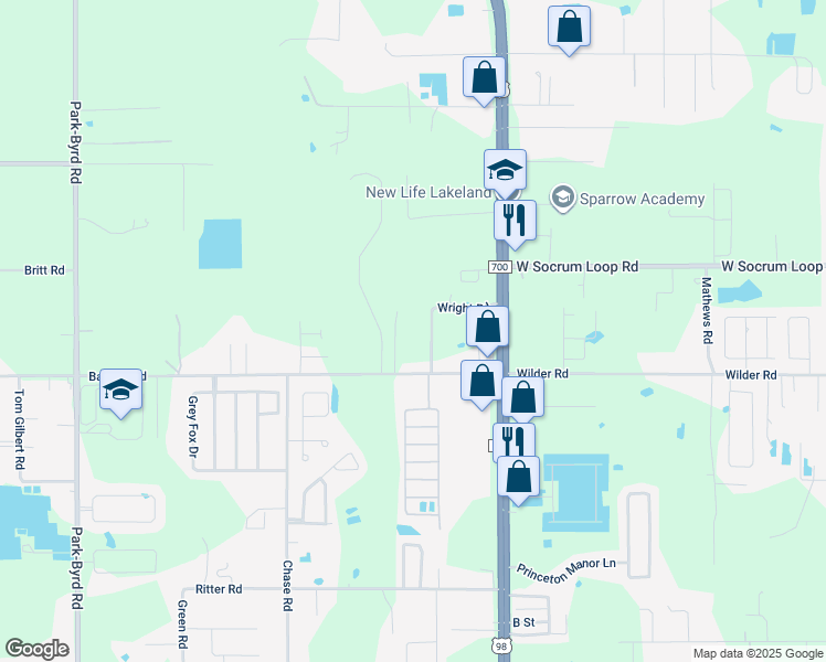 map of restaurants, bars, coffee shops, grocery stores, and more near 1457 Banana Road in Lakeland