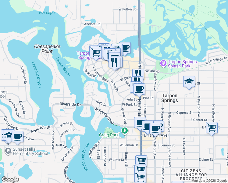 map of restaurants, bars, coffee shops, grocery stores, and more near 307 Roosevelt Boulevard in Tarpon Springs