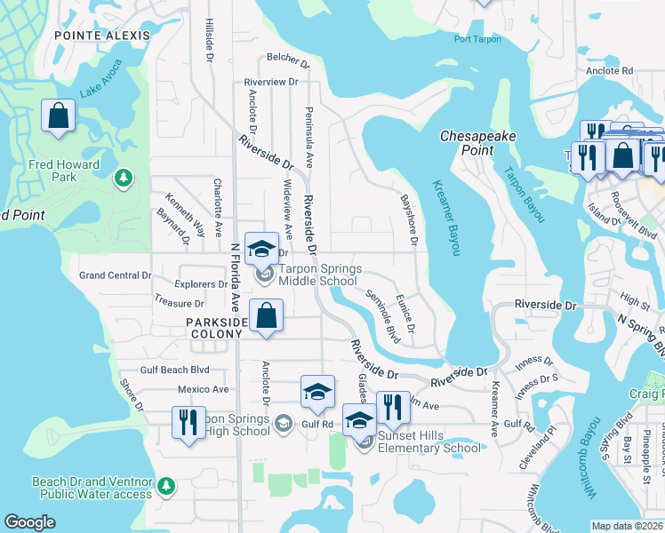 map of restaurants, bars, coffee shops, grocery stores, and more near 814 Riverside Drive in Tarpon Springs