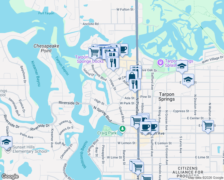 map of restaurants, bars, coffee shops, grocery stores, and more near 307 Roosevelt Boulevard in Tarpon Springs