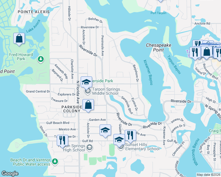 map of restaurants, bars, coffee shops, grocery stores, and more near 814 Riverside Drive in Tarpon Springs