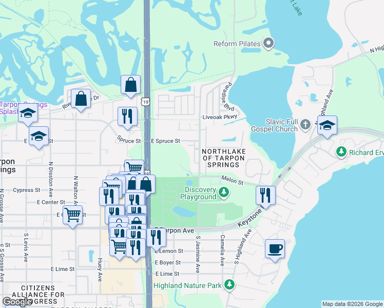 map of restaurants, bars, coffee shops, grocery stores, and more near 750 Grand Cypress Lane in Tarpon Springs