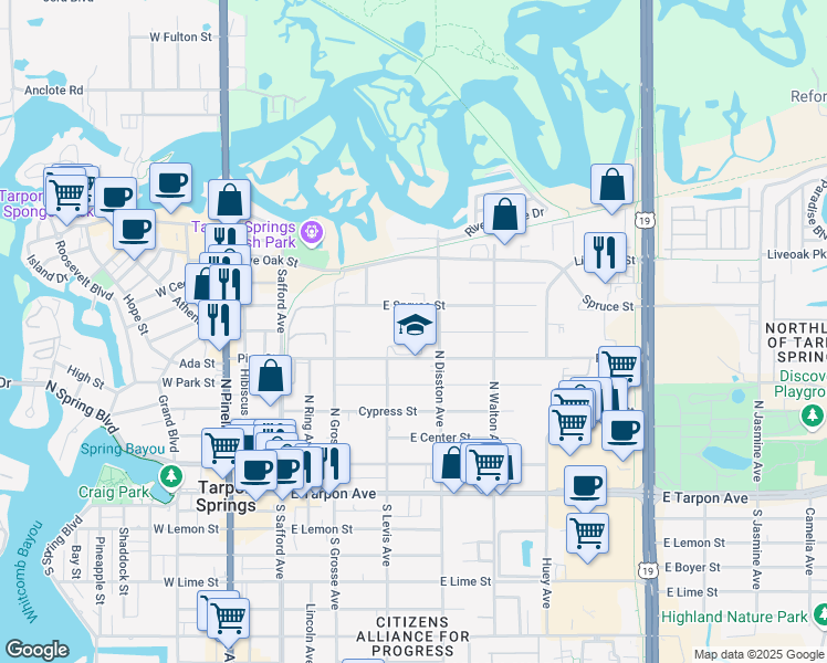 map of restaurants, bars, coffee shops, grocery stores, and more near 525 North Disston Avenue in Tarpon Springs
