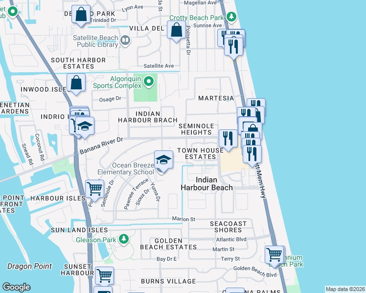 map of restaurants, bars, coffee shops, grocery stores, and more near 304 School Road in Satellite Beach
