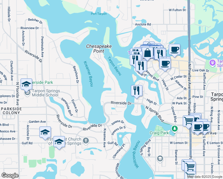map of restaurants, bars, coffee shops, grocery stores, and more near 515 Chesapeake Drive in Tarpon Springs