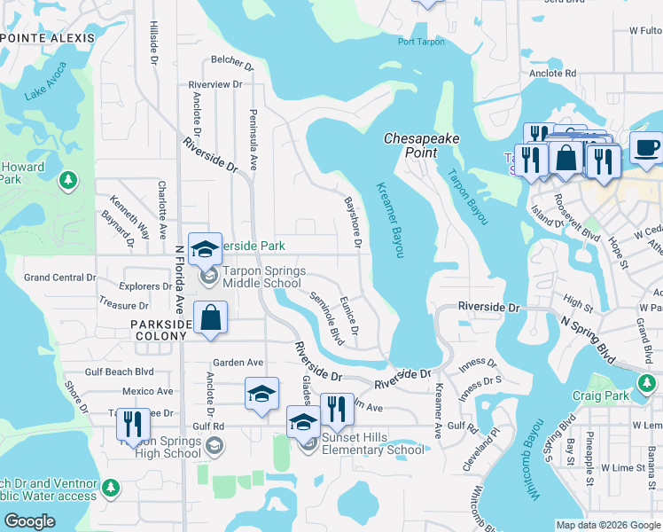 map of restaurants, bars, coffee shops, grocery stores, and more near 655 Eunice Drive in Tarpon Springs