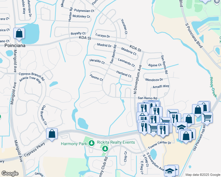 map of restaurants, bars, coffee shops, grocery stores, and more near 106 Bianca Court in Kissimmee