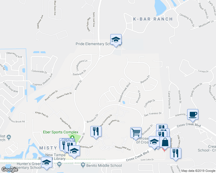 map of restaurants, bars, coffee shops, grocery stores, and more near 10308 Goldenbrook Way in Tampa
