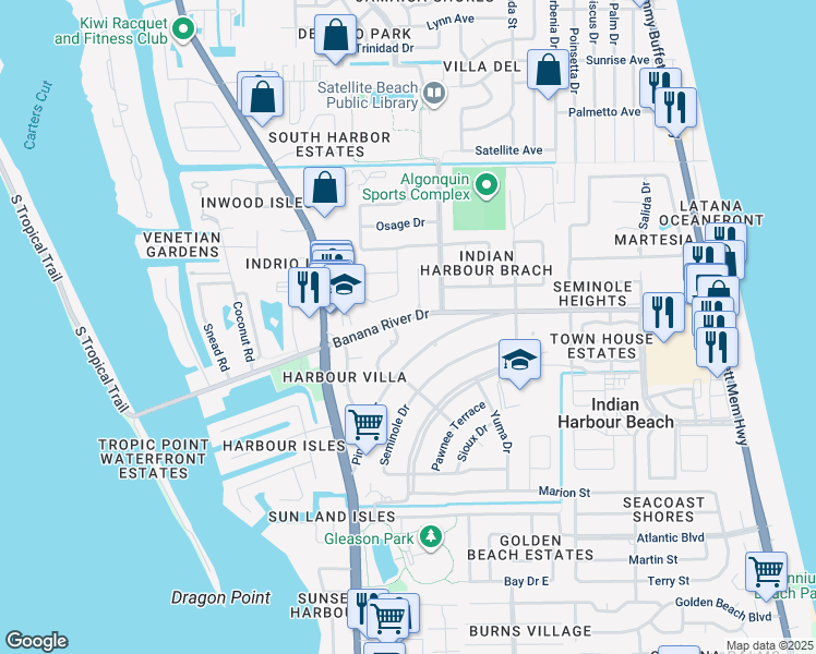map of restaurants, bars, coffee shops, grocery stores, and more near 1211 Banana River Dr in Satellite Beach