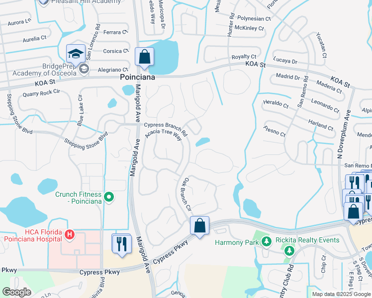 map of restaurants, bars, coffee shops, grocery stores, and more near 474 Acacia Tree Way in Kissimmee