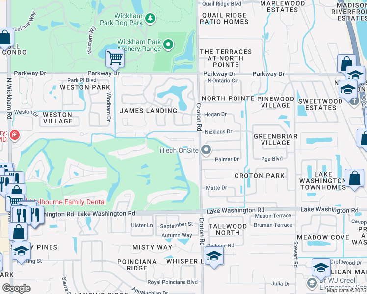map of restaurants, bars, coffee shops, grocery stores, and more near 2700 Croton Road in Melbourne