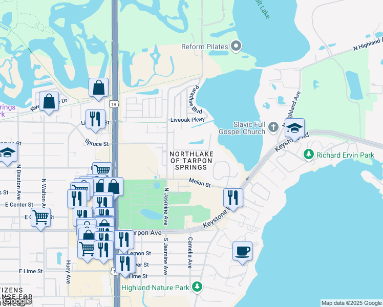 map of restaurants, bars, coffee shops, grocery stores, and more near 1250 Paradise Lake Drive in Tarpon Springs