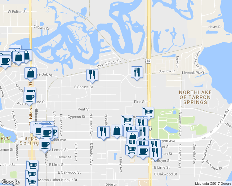 map of restaurants, bars, coffee shops, grocery stores, and more near 721 Boston Street in Tarpon Springs