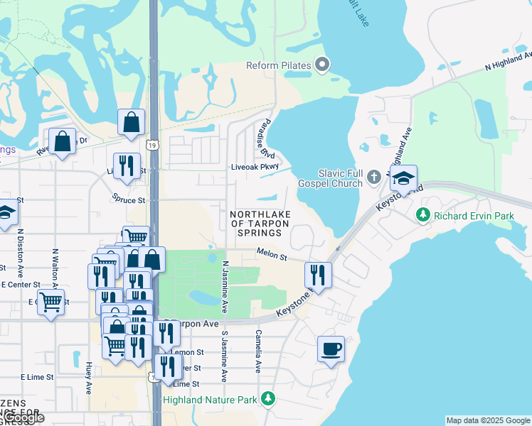 map of restaurants, bars, coffee shops, grocery stores, and more near 1250 Paradise Lake Drive in Tarpon Springs
