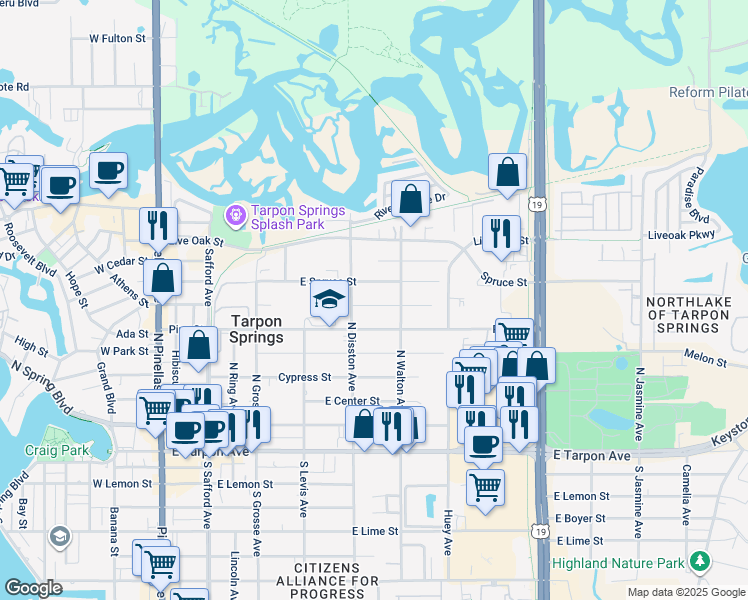 map of restaurants, bars, coffee shops, grocery stores, and more near 613 Boston Street in Tarpon Springs