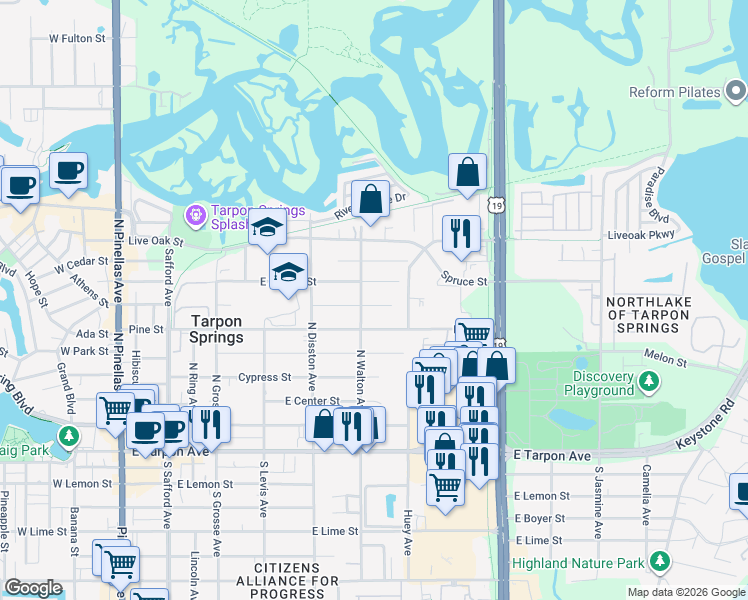 map of restaurants, bars, coffee shops, grocery stores, and more near 705 Boston Street in Tarpon Springs