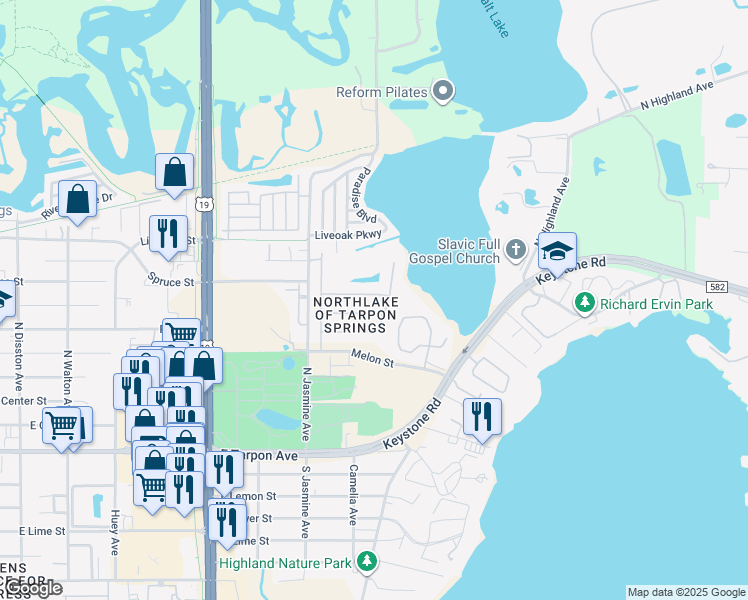 map of restaurants, bars, coffee shops, grocery stores, and more near 695 Salt Lake Drive in Tarpon Springs