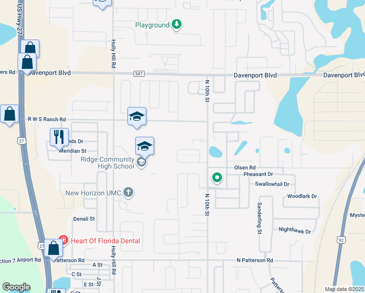 map of restaurants, bars, coffee shops, grocery stores, and more near 543 Savannah Preserve Loop in Davenport