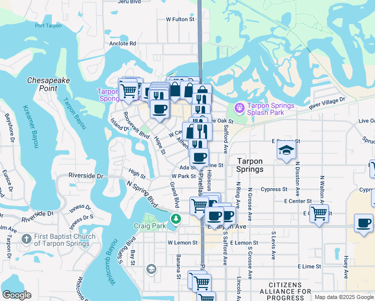 map of restaurants, bars, coffee shops, grocery stores, and more near 121 Athens Street in Tarpon Springs