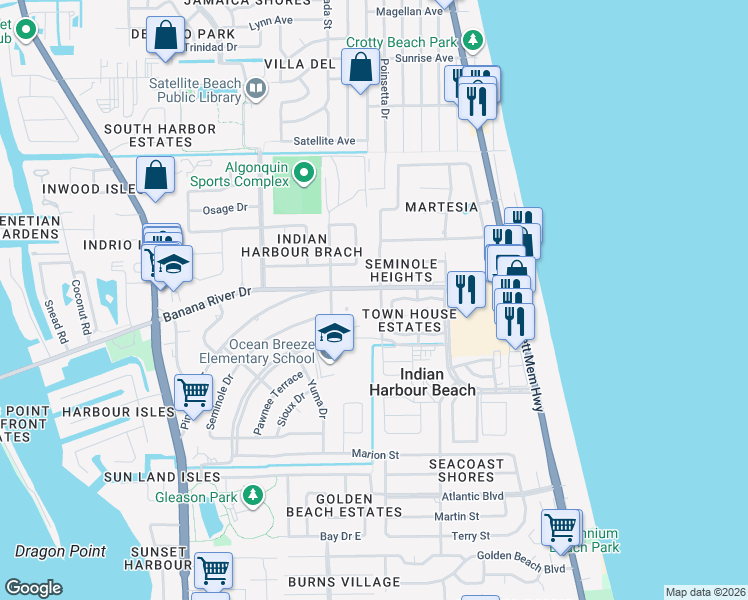 map of restaurants, bars, coffee shops, grocery stores, and more near 304 School Road in Satellite Beach