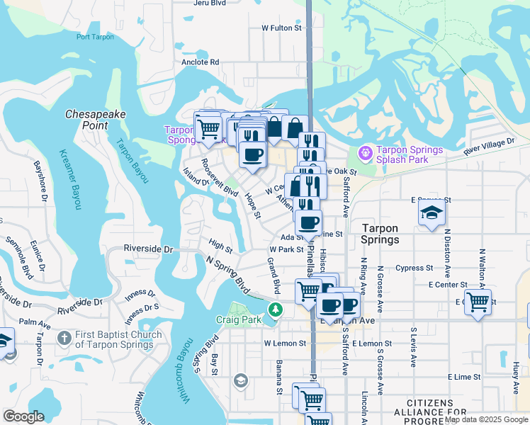 map of restaurants, bars, coffee shops, grocery stores, and more near 524 West Spruce Street in Tarpon Springs