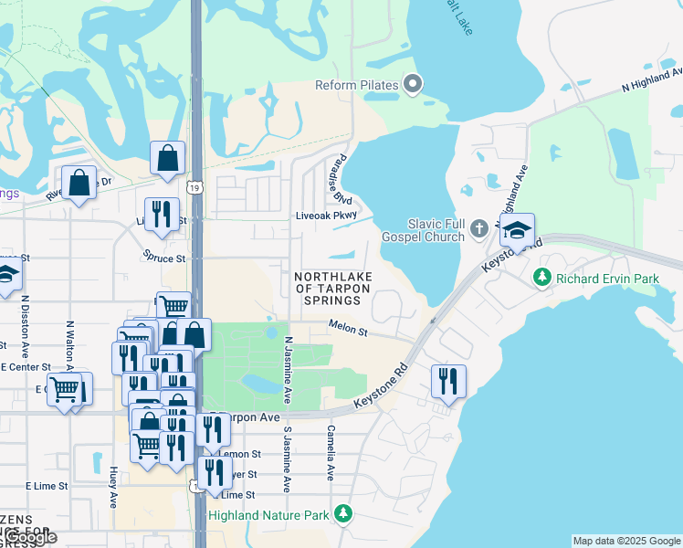 map of restaurants, bars, coffee shops, grocery stores, and more near 1250 Paradise Lake Drive in Tarpon Springs
