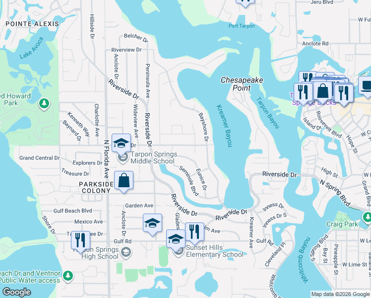 map of restaurants, bars, coffee shops, grocery stores, and more near 716 Sunset Drive in Tarpon Springs