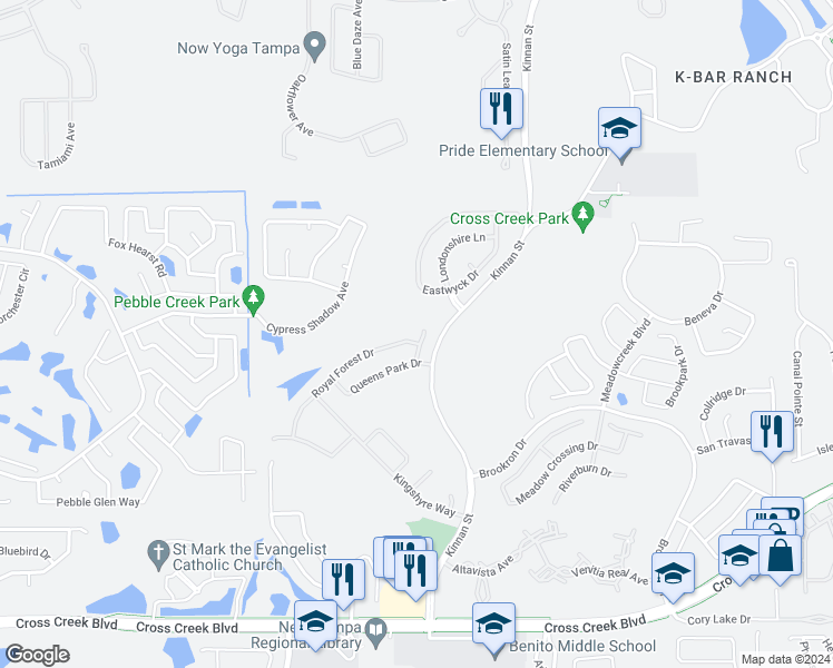 map of restaurants, bars, coffee shops, grocery stores, and more near 18126 Royal Forest Drive in Tampa